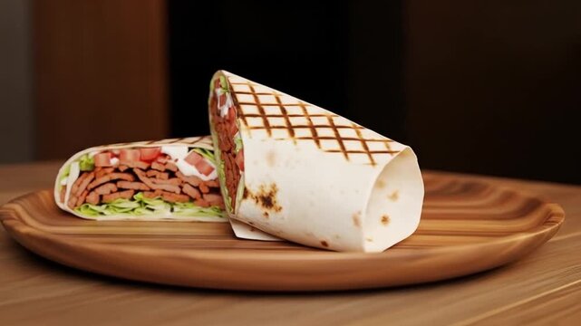 Delicious shawarma wrap food photography close up of tasty sandwich on wooden plate background video 4k