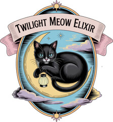 An enchanting vintage style label features a black cat with bright eyes sitting serenely on a crescent moon clutching a glowing lantern