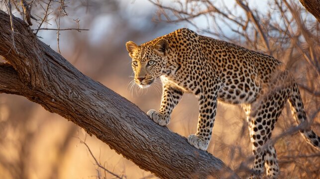 Leopard on a Limb: A stealthy leopard, its spotted coat blending with the dappled sunlight, perches gracefully on a sturdy tree branch, showcasing its predatory prowess in its natural habitat.