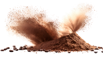 Explosion of light brown powder isolated on transparent background