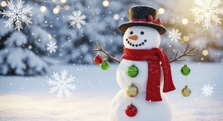 Obraz premium Whimsical Snowman in a Snowy Winter Wonderland with Festive Lights and Falling Snowflakes