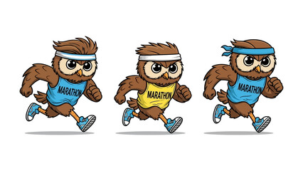 Owl Marathon Runners: A playful illustration depicts three determined owl athletes in sportswear, mid-stride on a marathon, epitomizing dedication.