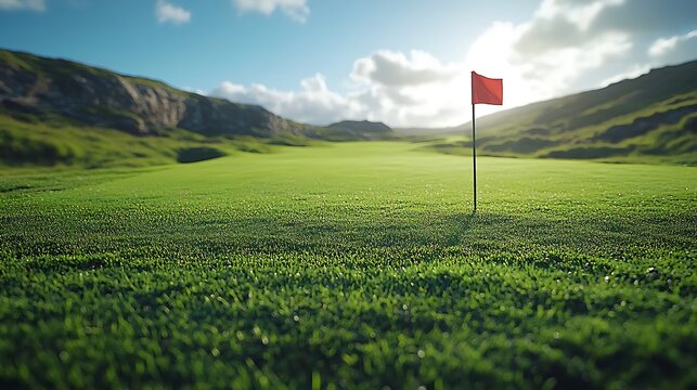 Picturesque golf course with a red flag on the green under a beautiful sunny day photo