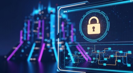 Digital Security Lock Icon on Futuristic Cyber Network with Data Flow and Technology Elements