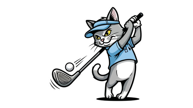 Playful Cat's Golf Game: A whimsical illustration of a cartoon cat, fully engaged in the sport of golf, teeing off with a confident swing. The image exudes a sense of fun and lighthearted competition. - Powered by Adobe