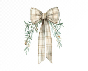 Elegant  plaid ribbon watercolor bow with green foliage branches, rustic decorative element for holiday design, vintage festive ornament for invitations and crafts. Vector illustration.