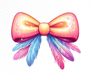 Playful rainbow watercolor bow with feathers in vivid pastel shades, fantasy ribbon clipart for festive wrapping, kids party decor, birthday gifts, and creative crafts. Vector illustration.