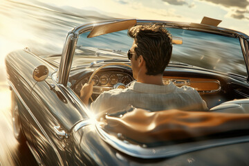 Caucasian young adult man driving classic convertible car along coastal road, gripping steering wheel with both hands, sunlight reflecting off polished dashboard, hair blowing in wind