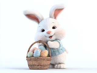 celebratory rabbit bearing basket of eggs
