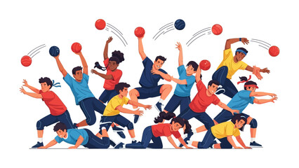 Dynamic Dodgeball: A vibrant illustration captures a high-energy dodgeball match, with diverse players in action, showcasing the fun of sports and the thrill of teamwork.