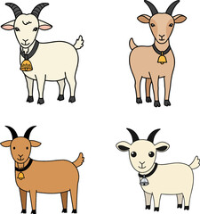 A charming collection of four unique cartoon goat characters with bells, isolated on a white background for easy use in design projects