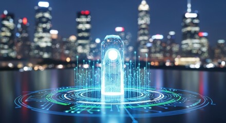 Futuristic Digital Fingerprint Scanner with Blue Holographic Interface in City Skyline at Night
