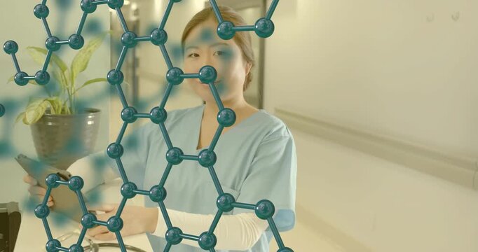 Girl arriving, nurse checking pulse fitting O2 mask and doctor examining eyes, molecules floating