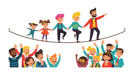 Fototapeta premium Balancing Act: A group of diverse children and an adult navigate a tightrope together, symbolizing teamwork, trust, and courage, while being cheered on by an enthusiastic crowd.