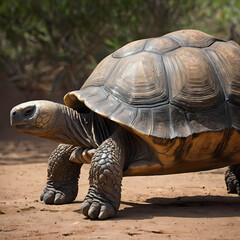 Fototapeta premium A large tortoise walking slowly on sandy ground with a blurred natural background of greenery and soft light.