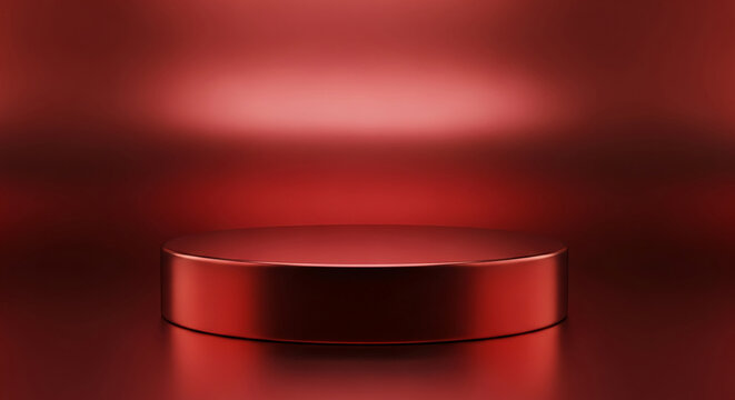 Red cylindrical pedestal on red background, showcasing free space for product placement or text, ideal for minimalist designs or Valentine's Day theme