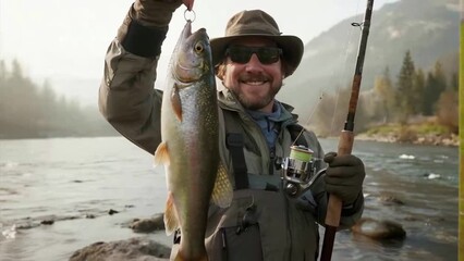 Hombre con traje de pescar sosteniendo un gran pez para una foto