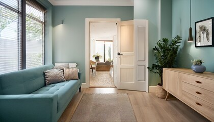 cozy clean interior design with muted costal colors hallway