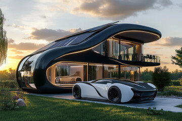 Futuristic luxury house featuring curved architecture and large glass windows standing beside modern electric sports car parked on driveway, solar panels visible on roof