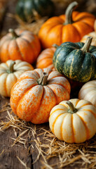 Close-up of rustic pumpkins on wooden table with straw and hay
