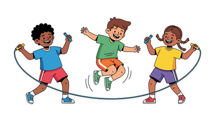 Jump for Joy: Three diverse children skip rope together, embodying the essence of friendship and playful exercise. The image captures the vibrancy and energy of childhood play.