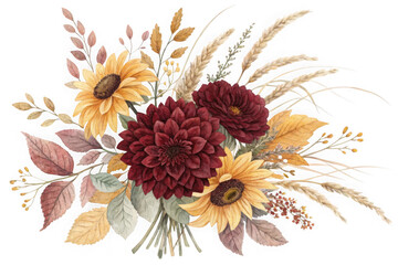 Autumn harvest floral arrangement with sunflowers dahlias and dried grasses for decorative use transparent background