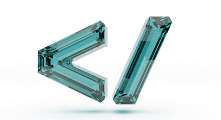 Teal gemstone angular shapes, forming less than and slash symbols, on white background Free space for text Mockup