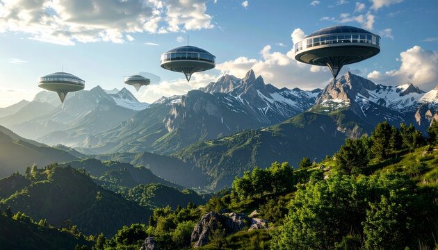 Distant mountain range crowned by hovering structures, merging uncharted wilderness with bold imaginative design.