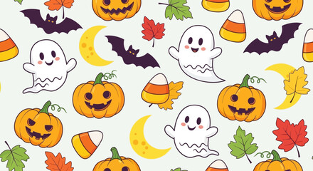 Obraz premium Cheerful Halloween Vector Background with Pumpkins and Ghosts
