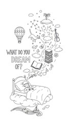 Fototapeta premium Illustrative coloring page with dream elements emerging from a sleeping child