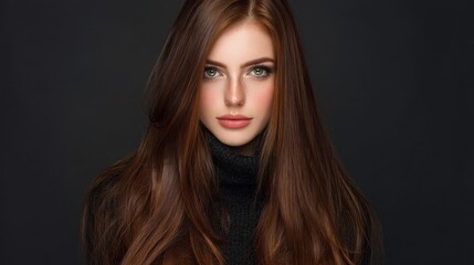 Fototapeta premium Beautiful model with long flowing hair and striking green eyes wearing a black turtleneck against a dark background