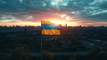 Armenian Flag Waving in the Wind at Sunset Over Cityscape