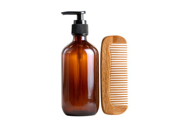 Amber glass pump bottle and wooden beard comb isolated on transparent background