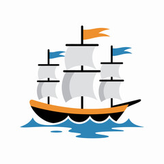 Illustration of a sailing ship on water with colorful flags and white sails perfect for nautical designs and historical illustrations