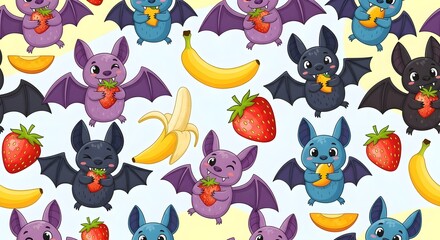 Colorful Cartoon Bat Characters with Strawberries and Bananas on Light Background