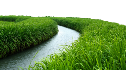 Curving waterway through lush green grass isolated on transparent background