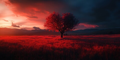 Obraz premium Heart Shaped tree at sunset in vibrant red meadow.