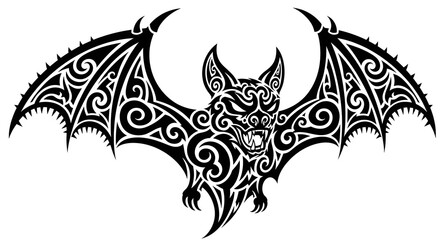 Fototapeta premium Intricate Black Tribal Bat Illustration with Detailed Wings and Fierce Expression for Artistic or Tattoo Design