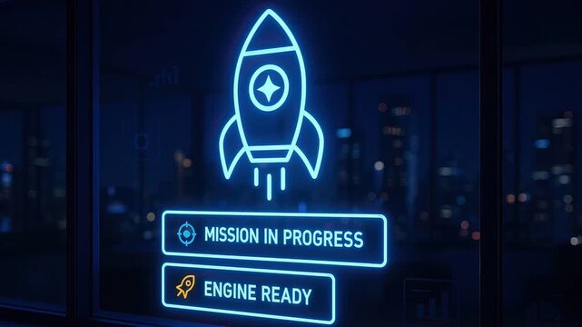 Rocket icon mission progress engine ready neon light technology concept space exploration startup launch digital interface futuristic design night city background glowing dark office window innovation