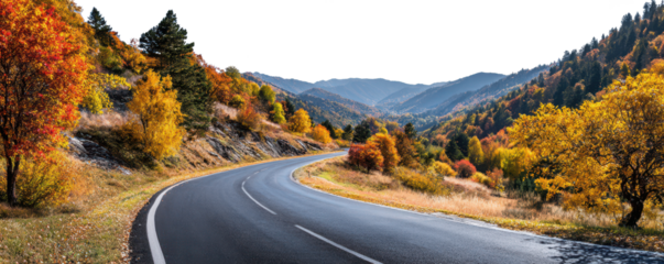 curvy asphalt road in autumnal landscape with colorful trees and mountains in background, sky is isolated on white or transparent png