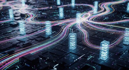 Futuristic Digital Data Network with Bright Light Trails and Server Blocks in Dark Tech Environment