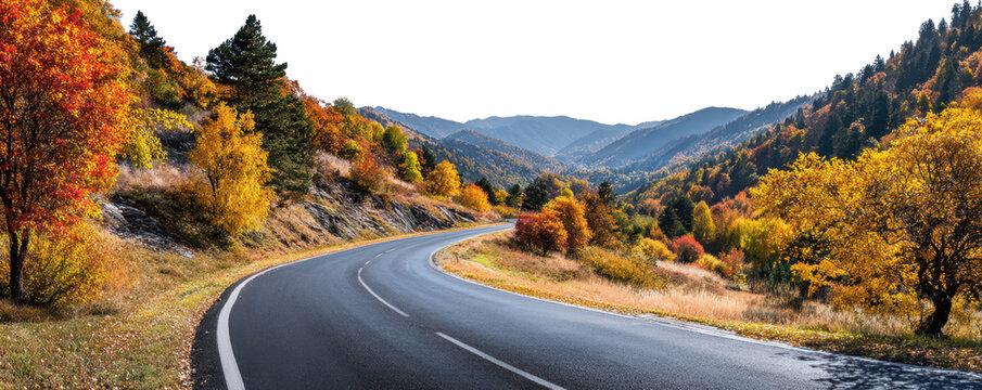 curvy asphalt road in autumnal landscape with colorful trees and mountains in background, sky is isolated on white or transparent png