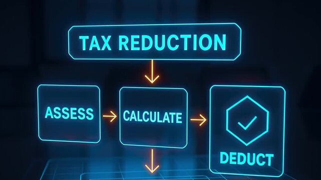 Tax reduction process concept featuring glowing blue digital interface to assess calculate and deduct steps in futuristic style symbolizing financial management and savings on dark background
