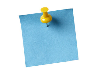 Obraz na płótnie Canvas bright blue sticky note paper with yellow push pin isolated on white or transparent png