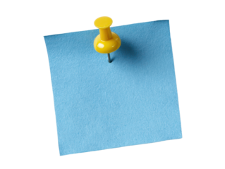 bright blue sticky note paper with yellow push pin isolated on white or transparent png