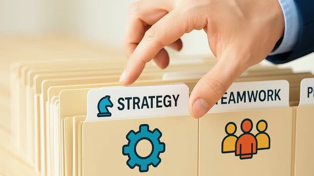 Business strategy teamwork planning concept with hand organizing file folder tab labeled strategy office review strategy teamwork planning business organization folder hand document management office