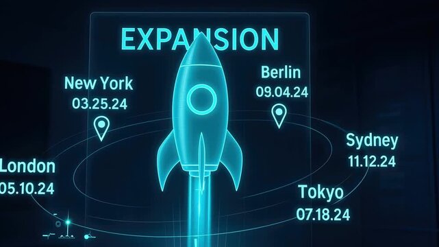 Expansion concept glowing rocket launch above world map showing global city locations dates futuristic digital interface glowing blue light technology futuristic hologram style for future growth plans