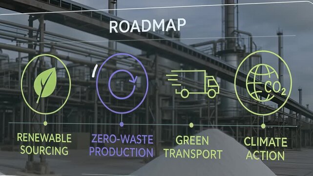 Roadmap for renewable sourcing zero waste production green transport climate action promoting sustainability and environmental responsibility with industrial factory background icons