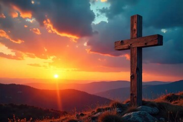 A serene landscape depicting a rustic wooden cross silhouetted against a vibrant sunset, conveying peace and spiritual reflection , landscape, salvation, evening