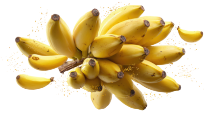 A bunch of yellow bananas, some slightly spotted, clustered together with a few loose bananas scattered around, on a black background.  A golden, airy effect surrounds the bananas